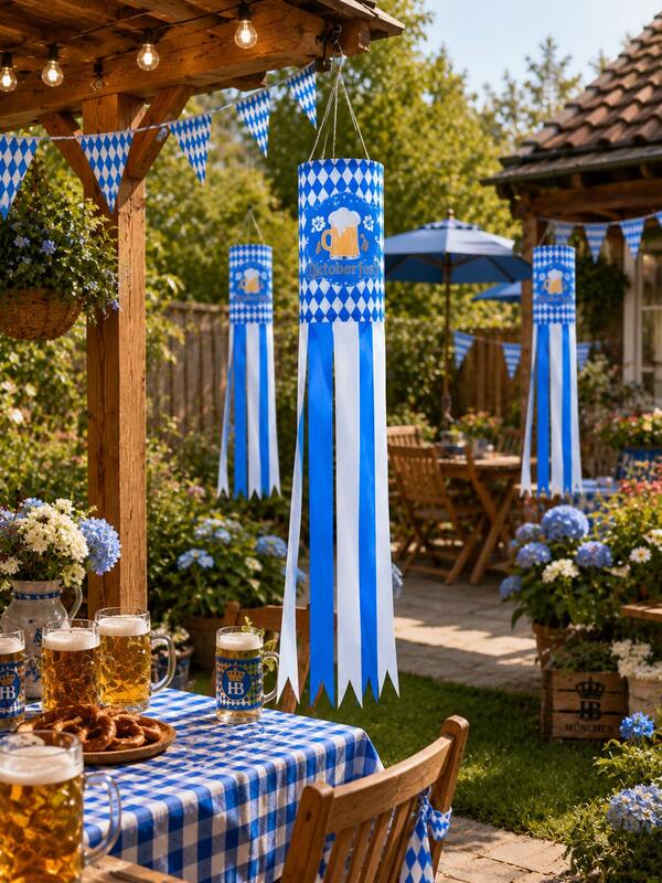 1/2pcs Oktoberfest Wind Sock Flag Blue White Bavarian Diamond Pattern Windsock, Beer Mug Print Hanging Wind Banner, Outdoor Yard Porch Tree Decor For German Oktoberfest Beer Festival Home Party Supplies