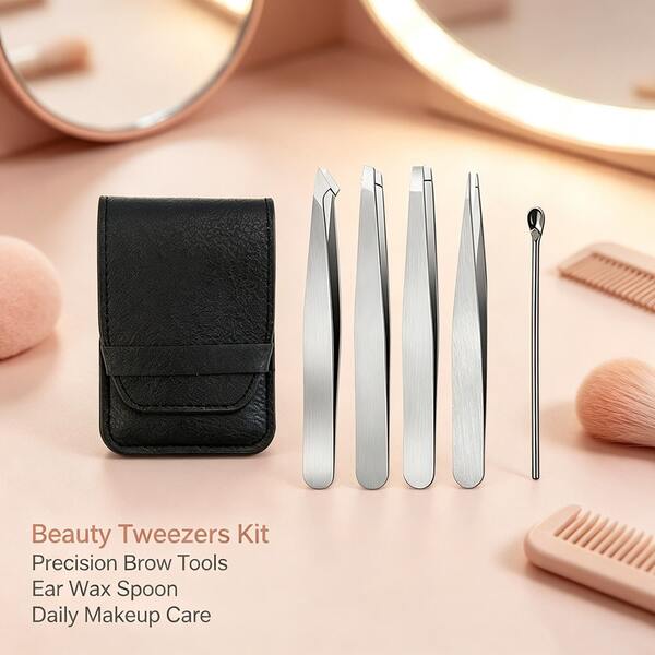 5Pcs Stainless Steel Household Eyebrow Tweezers Set Multi Tip Precision Tweezers With Ear Wax Spoon Portable Leather Pouch For Daily Facial Hair Removal