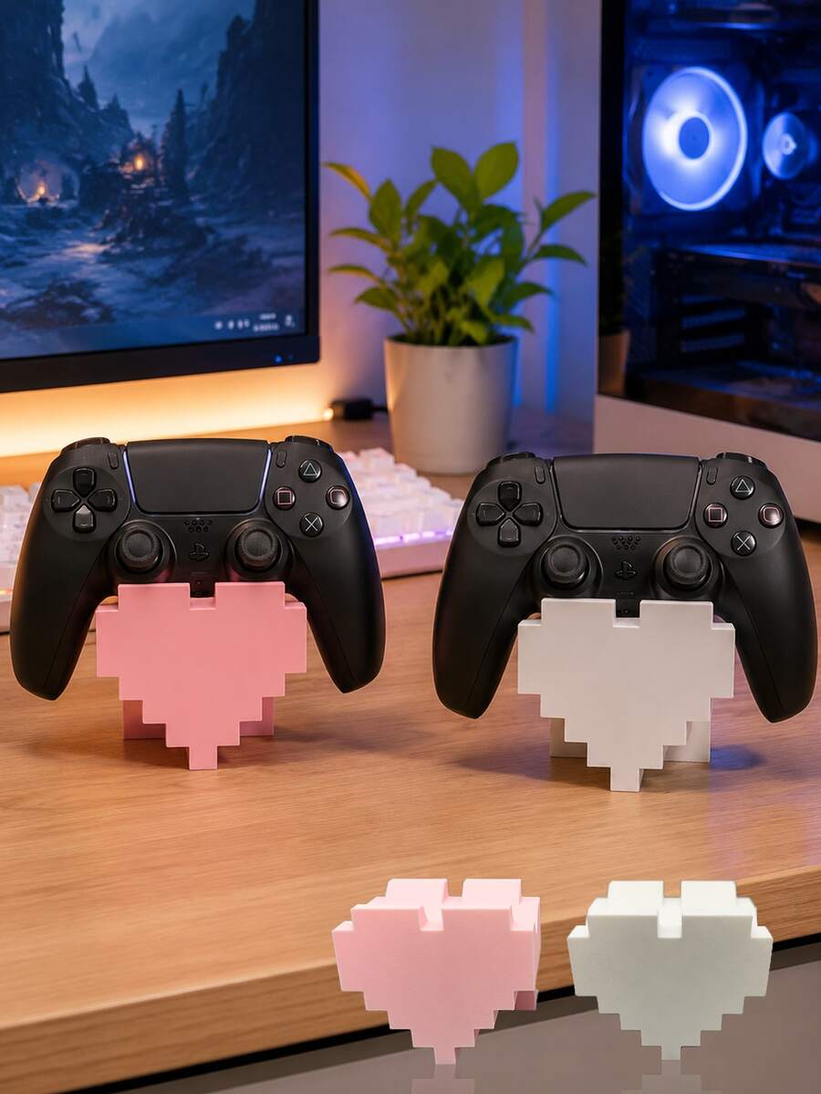 1pc Vintage Heart Pixel Art Controller Stand, Pink & White Game Controller Display Holder Compatible With Ps5/4, Stable Anti-Slip Base Desktop Decor Accessory For Gamers, (Stand Only) - Multicolor - View 1