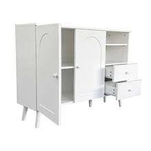 Sideboard, Curved Doors, Wooden Handles, Wooden Legs, With 2 Doors, 2 Drawers And 2 Open Shelves - White - View 9