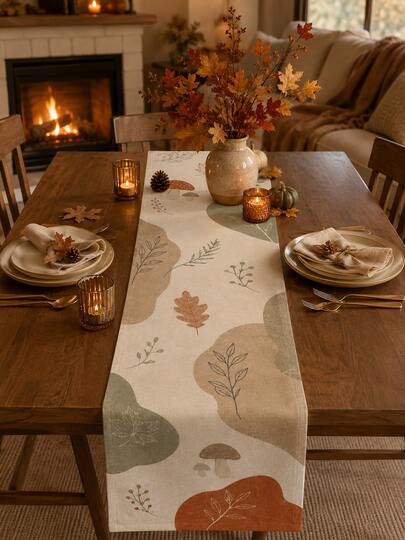 1pc Minimalist Abstract Autumn Leaf & Mushroom Linen Table Runner, Cream Brown Wavy Color Block Botanical Line Art Dining Table Decor, Suitable For Thanksgiving Gathering, Farmhouse Kitchen Dining Room & Autumn Home Decor, Fall Decor, Kitchen Essentials, Home Decor