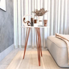 Mesinha Lateral Canto Apoio Redonda Mdf Mesa De Centro Alta Pés Em Aço Estilo Industrial Moderna - Branco - Visão 5