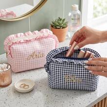 Personalized Plaid Makeup Bag, Ruffle Edge Cosmetic Bag, Customized Name Toiletry Bag, Bridesmaid Gift Travel Makeup Organizer Bag - Multicolor 1 - View 8
