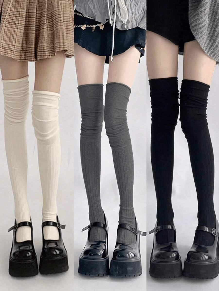 3 pares de calcetines por encima de la rodilla para mujer, calcetines muslo alto aptos para botas, calcetines por encima de la rodilla de estilo mixto, entrega aleatoria, otoño/invierno, Y2K - Multicolor - Ver 1