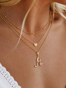 3pcs/Set Y2K Gold Layered Letter Necklace With Heart Pendant, Rhinestone Letter Pendant And Pink Heart Detail, Cute Multi-Layer Necklace, Suitable For Women And Girls - Yellow Gold - View 2