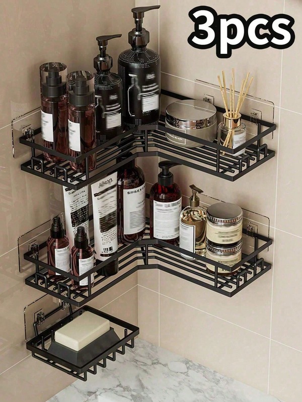 Juego de 3 estantes de baño, incluye cesta de ducha de esquina, jabonera de pared, soporte para champú y jabón, adecuado para decoración de baño, almacenamiento en el hogar, organizador de baño, estante para champú, accesorios de baño, decoración de baño