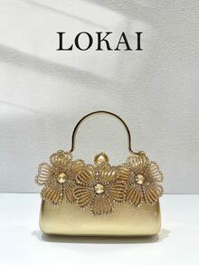 1pc Luxury Gold 3D Floral Rhinestone & Pearl Embellished Hard Shell Evening Clutch Bag, Vintage PU Leather Top Handle Formal Bag For Wedding, Party, Banquet, Women's Elegant Gift Bag - Multicolor - View 4