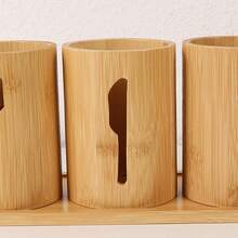4pcs/Set - Three Utensil Storage Canisters With Bamboo Tray Base For Knives, Forks, And Spoons - Apricot - View 10