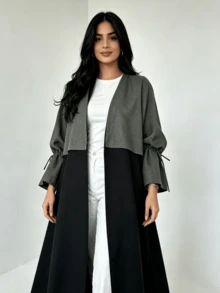 Middle Eastern Style Robe, Fashion Patchwork Design With Drawstring Cuffs, Elegant Fitted Long Dress, Casual Summer Holiday Dress - Grey - View 2