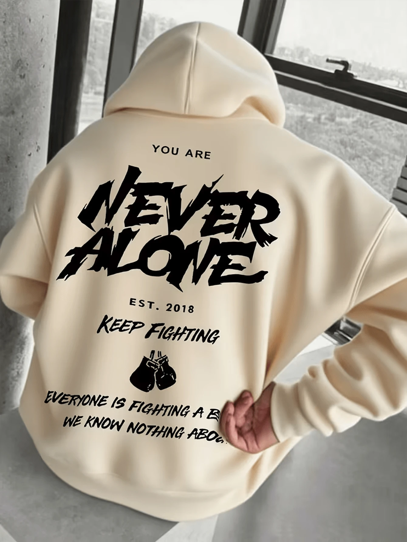 Men's Apricot Inspirational Slogan Hoodie NEVER ALONE Boxing Gloves Multi-Layer English Print Loose Drop Shoulder Drawstring Pullover Sweatshirt - Apricot - View 1