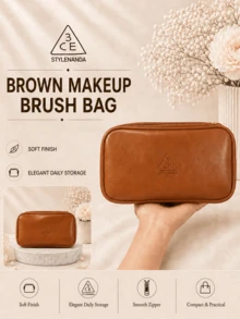3CE Brown Makeup Brush Bag 18*10cm, Synthetic Leather, Smooth Zipper Compartment With Inner Pocket, Perfect For Storing Makeup Brushes, Suitable For Home And Travel - Rust Brown - View 4