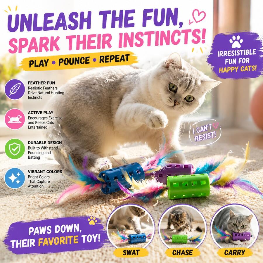 3pcs New Pet Feather Ball Toys, Cat Self-Entertainment Toys, Made Of Realistic Polyester Feathers With Colorful Tassel Feather Design, Interactive Pet Toys