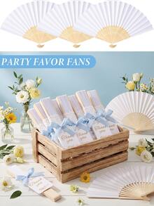 3pcs Blue Wedding Paper Fan Gift Set, Includes White Folding Fan, Blue Bow And Thank You Card, Suitable For Wedding Favors And Party - Multicolor - View 4