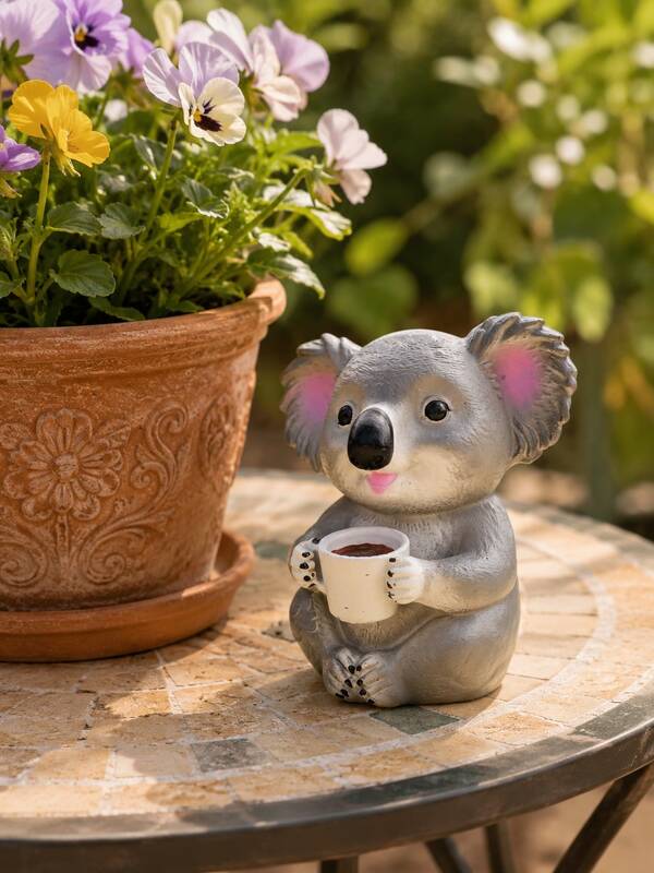Koala Holding Coffee Cup Resin Statue, Weatherproof Garden Yard Decor, Indoor Balcony Tabletop Animal Sculpture, Koala Lover Gift For Patio Porch Plant Home Accent
