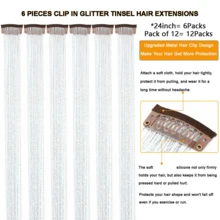Hair Tinsel 6pcs Shiny Hair Clips, 23.6 Inch Sequin Hair Clips, Heat Resistant Shiny Fairy Hair Accessories Set, Suitable For Women (Silver) - Silver - View 2