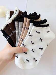 5/10 Pairs Girls Big Kids Spring Sweet Floral Bow Puff Cuff Short Socks - Multicolor - View 6