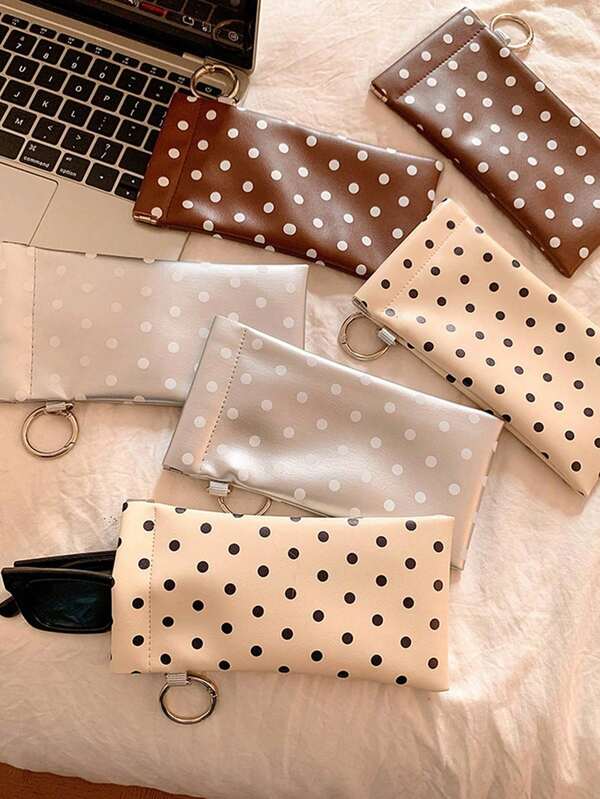 1pc Portable Polka Dot Automatic Closing Glasses Bag With Fabric Hanging Pouch And Clip, Protective Fashion Glasses/Glasses Case, Automatic Closing Storage Box, Foldable Glasses Case, Glasses Holder, Unisex Travel Glasses Case, New Minimalist Design, Travel Accessories, Travel Essentials, Back To School Supplies, Cruise Essentials