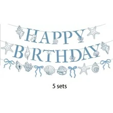 1 Set/2 Sets/3 Sets/5 Sets Blue Bow, Starfish, Shell Happy Birthday Banner Decorations, Suitable For Ocean Beach Theme Birthday Party, Mermaid Summer Holiday Decor - Blue - View 10