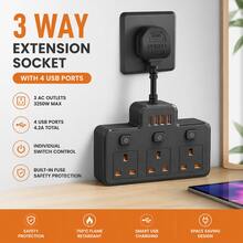 Wall-Mounted UK Plug Extension Socket, 3-Way UK 3-Pin Outlets With Independent Switches, USB Charging Ports, Wall-Mounted Power Adapter, Suitable For Desktop, Home And Office Power Expansion - UK Plug(220-240V) - View 2
