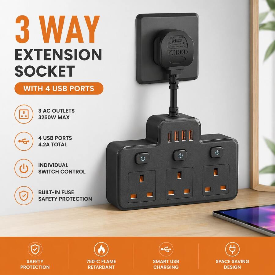 Wall-Mounted UK Plug Extension Socket, 3-Way UK 3-Pin Outlets With Independent Switches, USB Charging Ports, Wall-Mounted Power Adapter, Suitable For Desktop, Home And Office Power Expansion