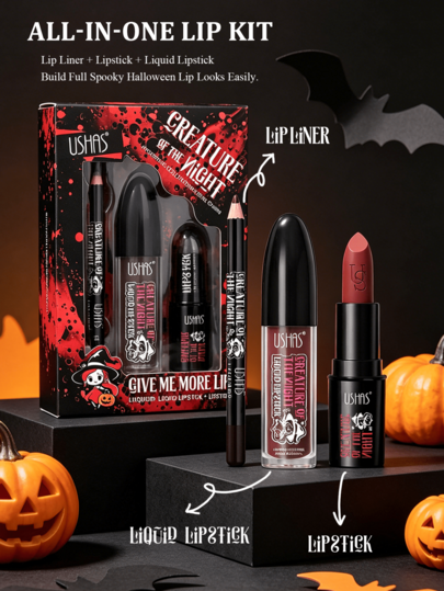 USHAS Halloween Gothic Dark Lip Makeup Set, 3-In-1 Lip Liner + Liquid Lipstick + Lipstick Makeup Kit, High Pigment Velvet Deep Tones, Waterproof Long-Lasting Smudge-Proof, Women's Cosplay Costume Halloween Party Stage Lip Makeup