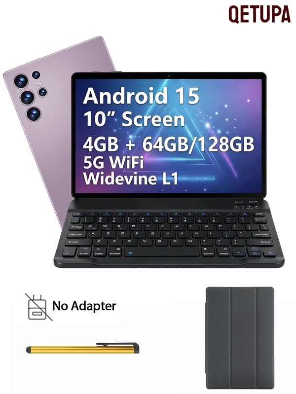 Qetupa 10.1-Inch Android 15 Tablet, Octa-Core Processor, 4GB/8GB RAM, 64GB/128GB/256GB ROM, HD IPS Touchscreen, 6000mAh Battery, Wi-Fi 6, BT 5.4, 5MP+13MP Dual Camera (Adapter Not Included)