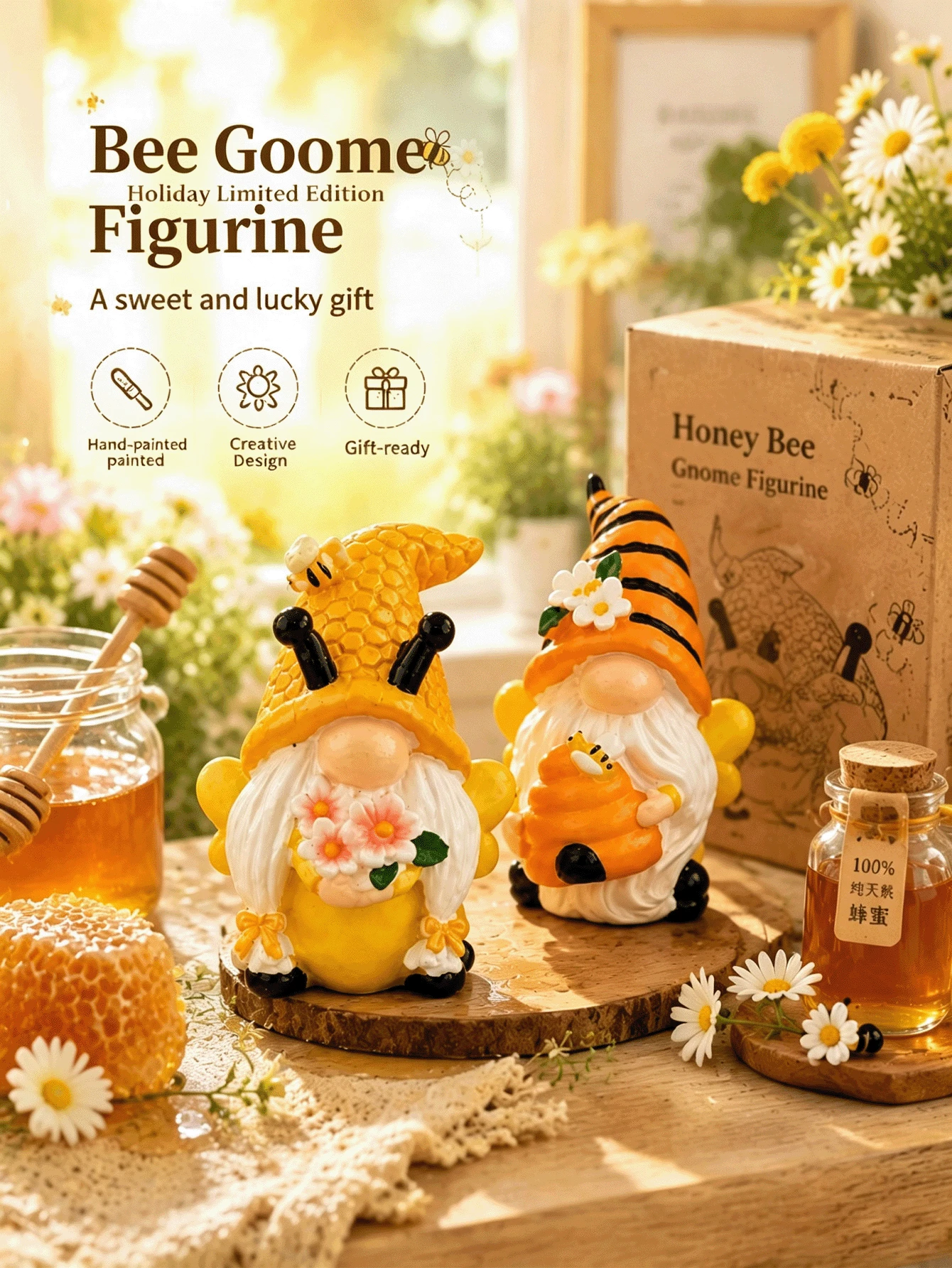 1pc Cute Bee Gnome Statue, Outdoor Resin Decor, Spring & Summer Garden Ornament, Suitable For Garden, Patio, Shelf Decoration, Housewarming Gift, Mother's Day Gift, Balcony & Windowsill Accent - A - View 1