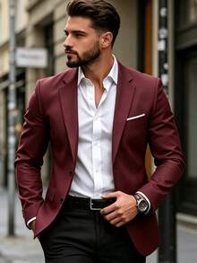 Burgundy Premium Minimalist Business Formal Men's Suit - Notch Lapel Single-Breasted Slim Fit, Featuring Eye-Catching Contrast Color Pocket Trim And Exquisite Cuff Buttons, Suitable For Weddings, Business Meetings, Wedding Banquets And Parties - Burgundy - View 1