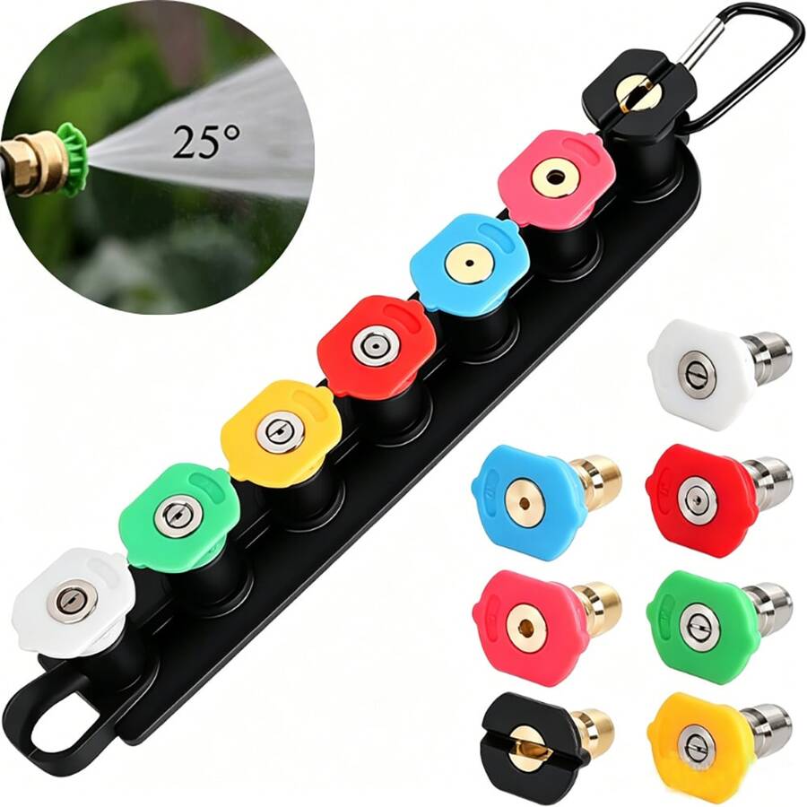 7pcs High Pressure Washer Nozzle Set With Storage Rack, 1/4" Quick Connect Power Washer Spray Tips, Up To 4000 PSI Multi-Angle Cleaning Nozzle Kit, Universal Replacement High Pressure Washer Accessories For Outdoor Car, Patio, Driveway Cleaning
