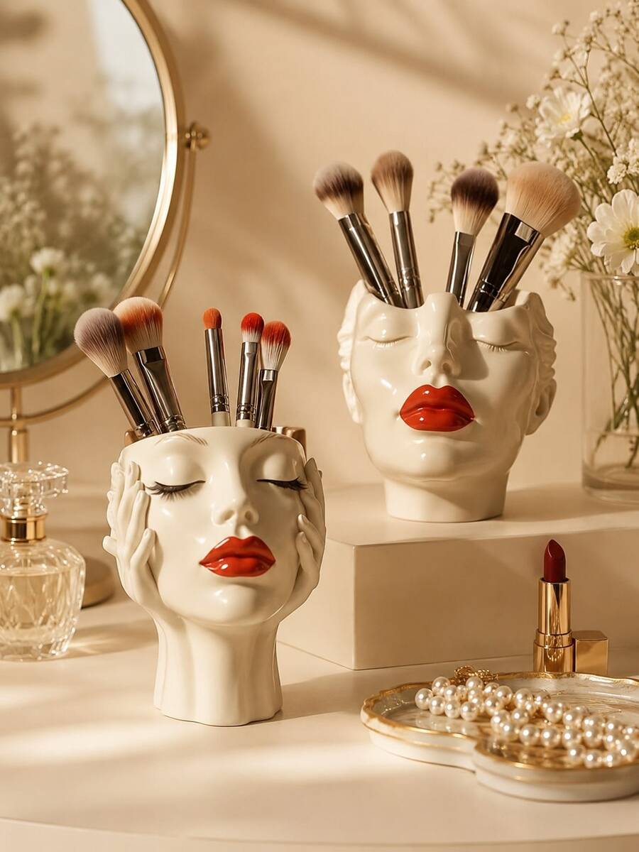 1 buah Tempat Kuas Makeup Resin Elegan, Desain Bibir Merah, Kotak Penyimpanan Kosmetik Resin Sintetis Ringan, Organizer Meja Mandiri, Cocok Untuk Kamar Mandi, Meja Rias Atau Meja Makeup - MultiWarna - View 1