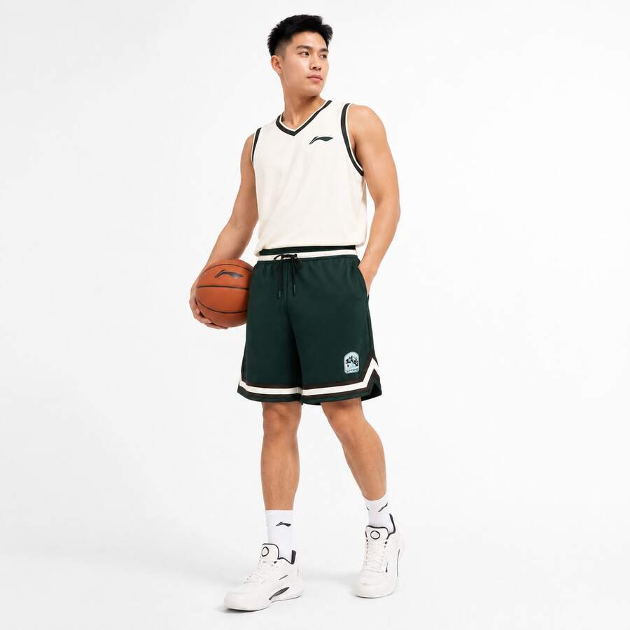 Li-Ning 男款山脈補丁條紋下擺蜂巢網布快乾吸濕排汗寬鬆籃球運動短褲 AKSV941 - 墨藻綠 - 查看 1