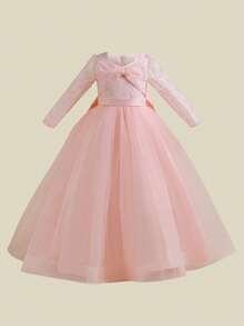 Tween Girls Lace Long Sleeve Bow Mesh Elegant Ball Gown Dress For Hosting Parties, Headband Not Included - Baby Pink - View 4
