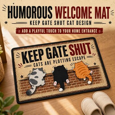 1pc KEEP GATE SHUT Anti-Escape Cat Print Doormat - Vintage Wall Humor Warning Style Design, Suitable For Home Entryway, Doorway, Kitchen, Bathroom, Bedroom And Living Room Decoration, Can Be Used As Non-Slip Entrance Mat And Funny Holiday Gift