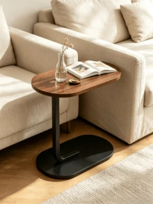 1pc Light Luxury Minimalist Oval Side Table With Thickened Iron Frame For Stable Support, Ideal As A Small Desk For Reading Nooks In Studies And A Storage Table For Sofa Gaps. - Walnut Color + Black Frame - View 2