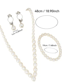 3pcs Women's White Pearl Jewelry Set, Round Pearl Necklace, Bracelet, Dangle Earrings, Bridal Wedding Jewelry Gift - Silver - View 5