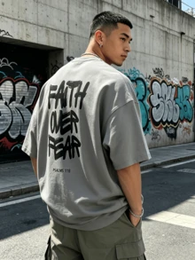 Men's Cotton Oversized Graphic Tee With Bold"Faith Over Fear"Print, Classic Crew Neck & Loose Y2K Hip-Hop Streetwear Fit.Versatile Casual Daily Top - Grey - View 2