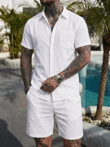 Men's 2-Piece Linen Casual Short Sleeve Button-Up Shirt And Shorts Summer Beach Set, Daily Casual, Holiday Surprise - White - View 3