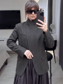 GMFP 女士休闲优雅时尚长袖宽松旅行度假单扣灰色羊毛西装外套，适合音乐节/婚礼季等场合。 - 灰色 - 查看 3