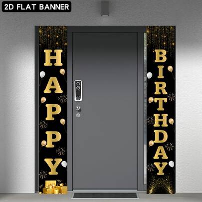 Cờ phẳng 2D - 1 cái, biểu ngữ treo cửa chủ đề Happy Birthday, nền đen với chữ vàng lớn, trang trí bóng bay, pháo hoa, hộp quà vàng, trang trí tiệc, làm từ vải polyester, không cần điện, dễ treo, phù hợp cho các hoạt động sinh nhật trong nhà và ngoài trời, có thể dùng làm trang trí lối vào, phông nền chụp ảnh, phù hợp cho tụ họp gia đình, trang trí cửa hàng, tiệc ngoài trời, trang trí studio, quà tặng ngày lễ, phong cách sang trọng tinh tế, giúp tăng không khí cho buổi sinh nhật