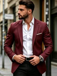 Burgundy Premium Minimalist Business Formal Men's Suit - Notch Lapel Single-Breasted Slim Fit, Featuring Eye-Catching Contrast Color Pocket Trim And Exquisite Cuff Buttons, Suitable For Weddings, Business Meetings, Wedding Banquets And Parties - Burgundy - View 2