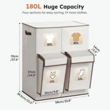 1pc 180L 4-Compartment Laundry Basket With Lid, Foldable Storage Organizer, Suitable For Delicate Clothes, Socks, Underwear, Double-Layer Extra Large Capacity Dirty Clothes Sorting Bin, For Bedroom, Bathroom, Home Storage - Multicolor - View 5