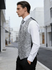 4pcs Men's Jacquard Tuxedo Vest, Tie, Cufflinks, Handkerchief Set (Shirt Not Included) - Grey - View 2