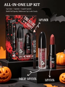 USHAS Halloween Gothic Dark Lip Makeup Set, 3-In-1 Lip Liner + Liquid Lipstick + Lipstick Makeup Set, High Pigment Matte Deep Color, Waterproof Long-Lasting Smudge-Proof, Suitable For Women's Cosplay Costume Halloween Party Stage Lip Makeup - #05 Rust Terracotta - View 6