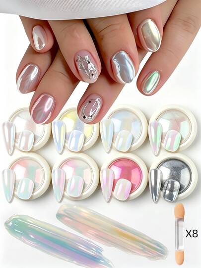 8色極光粉與8個海綿塗抹器美甲套組，光學變色龍粉、Y2K白色高光鏡面粉、超亮空靈螢光粉、百搭柔光美人魚幻彩鏡面粉，DIY美甲裝飾粉