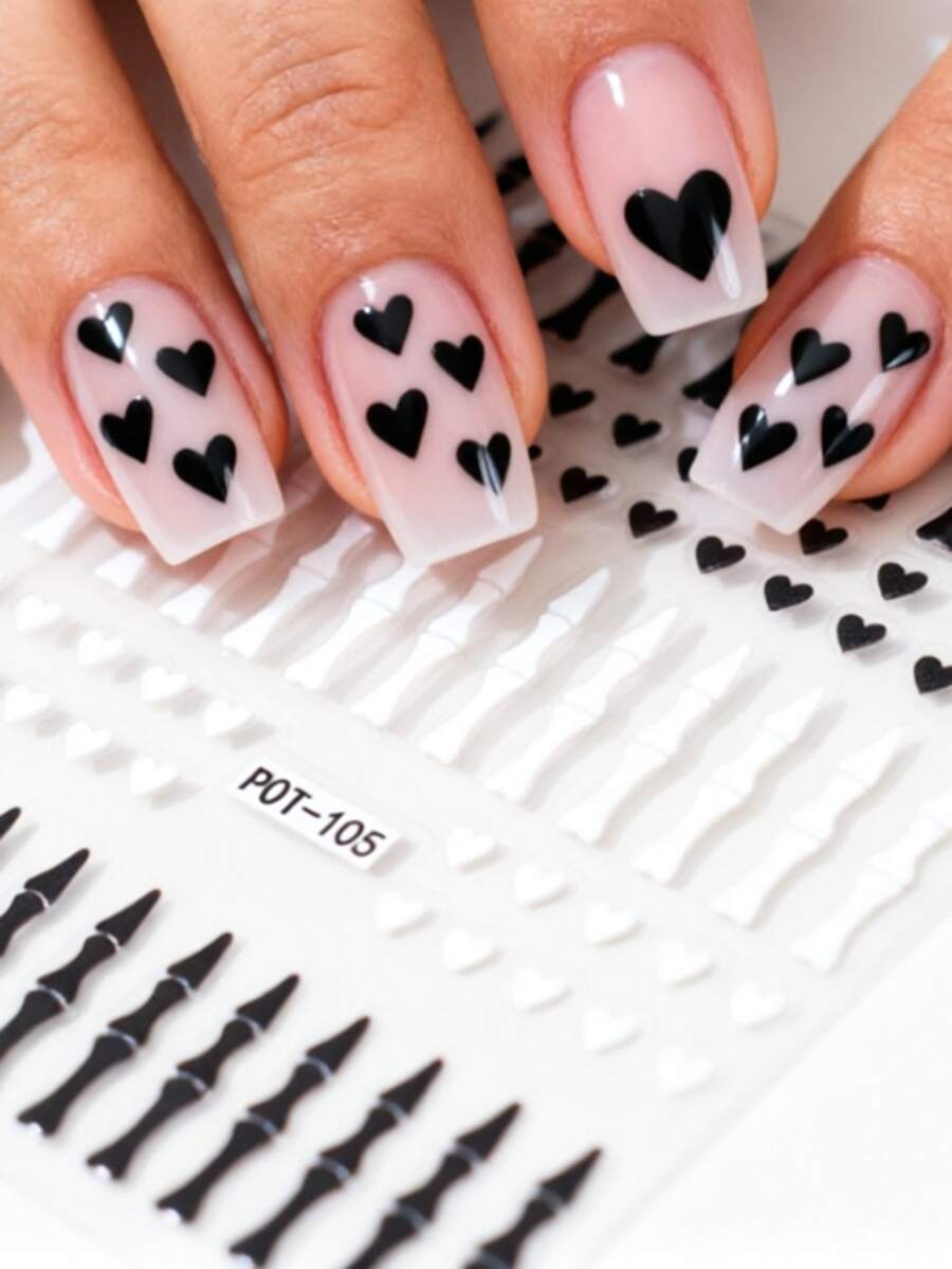 1 pieza Pegatinas de uñas con diseño de corazón de hueso en blanco y negro, autoadhesivas desechables con relieve, estilo oscuro, INS, adecuadas para fiestas de vacaciones - Multicolor - Ver 1