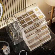 Large Capacity Jewelry Organizer Box With 5 Drawers And Necklace Hooks, Transparent Dustproof Display Case With Gold Knobs For Rings, Earrings, Bracelets And Necklaces, Gray - Multicolor - View 5