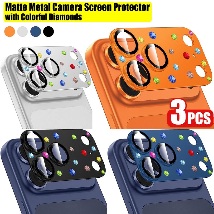CASECOPS 3件組 閃亮水鑽相機鏡頭保護貼 適用 17 Pro Max/17 Pro，4色可選，全覆蓋相機蓋，可愛鑽飾鏡頭保護蓋，防震防刮 9H 鋼化玻璃，AR 清晰拍照品質，防水，相容手機殼