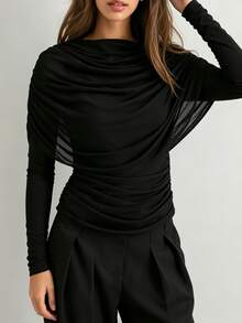 Women's Black Long Sleeve Knit Top With Contrast Mesh Draped Detail And Regular Length, Perfect For Fall - Black - View 6