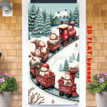 2D Flag Christmas-Themed Banner Background, Featuring A Snowman And Train Theme, With Elements Of Snow-Covered Pine Trees, Christmas Gifts, And Winter Cabins. Suitable For Party Decorations For Various Christmas Events, No Power Supply Required. - View 2