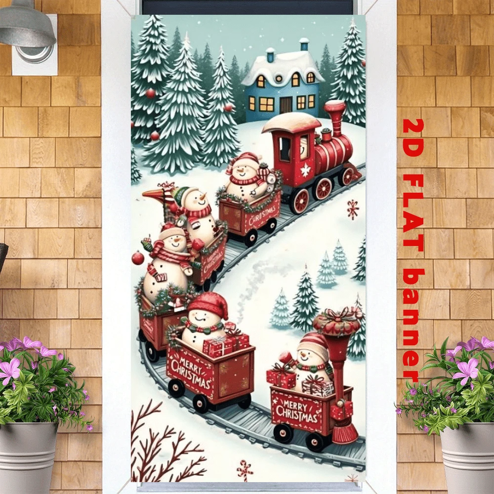 2D Flag Christmas-Themed Banner Background, Featuring A Snowman And Train Theme, With Elements Of Snow-Covered Pine Trees, Christmas Gifts, And Winter Cabins. Suitable For Party Decorations For Various Christmas Events, No Power Supply Required.